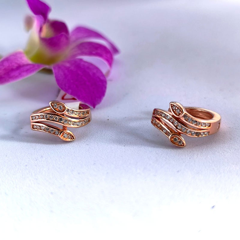 Rose Gold Triple Vine Loop Earrings with White CZ Stones