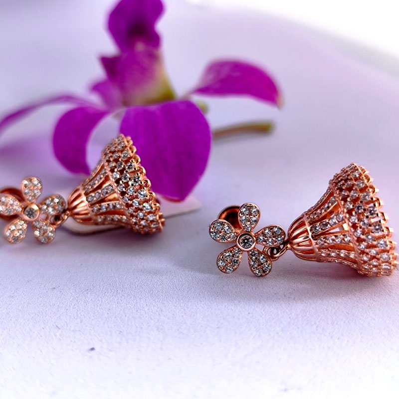 Rose Gold Floral Bell Drop Earrings with CZ Stones