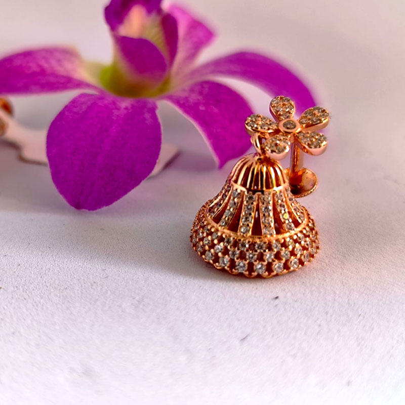 Rose Gold Floral Jhumka Earrings with CZ Stones - Image 2
