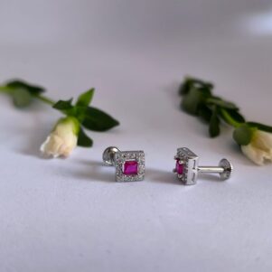 Ruby Spark Cushion Halo Silver Studs