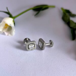 Radiant Cushion Halo Silver Studs